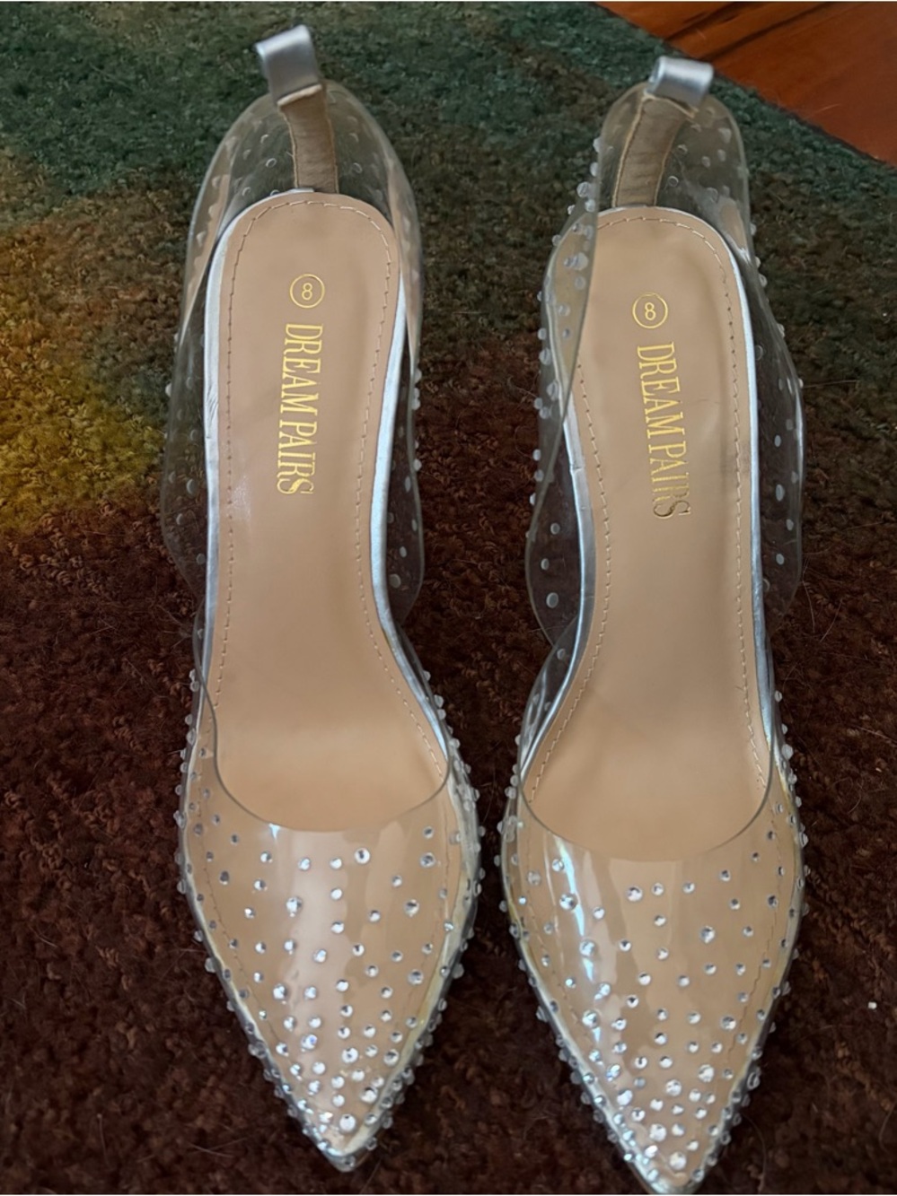 Dream Pairs Nude Clear Pointed Toe Slingback Heels with Rhinestones